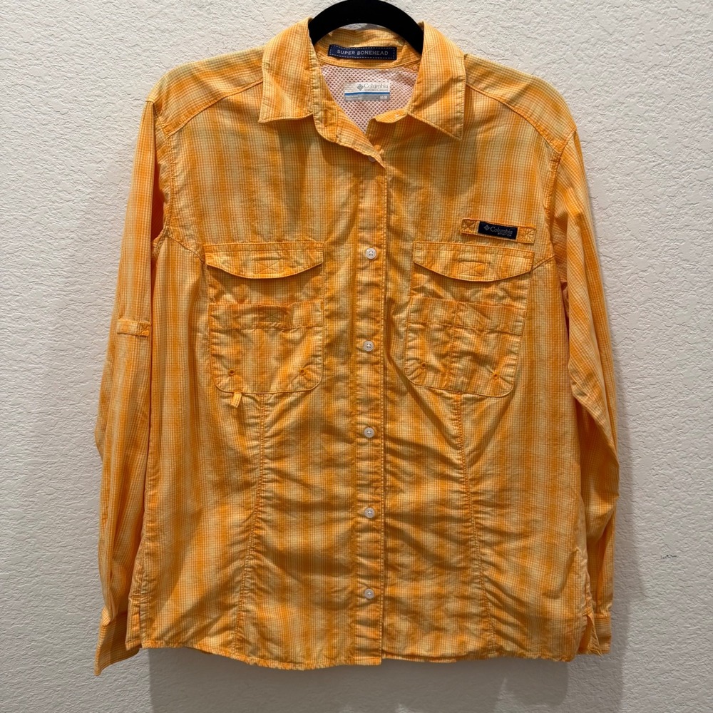 Columbia PFG Super Bonehead Fishing Shirt Womens Medium Orange Plaid Long Sleeve